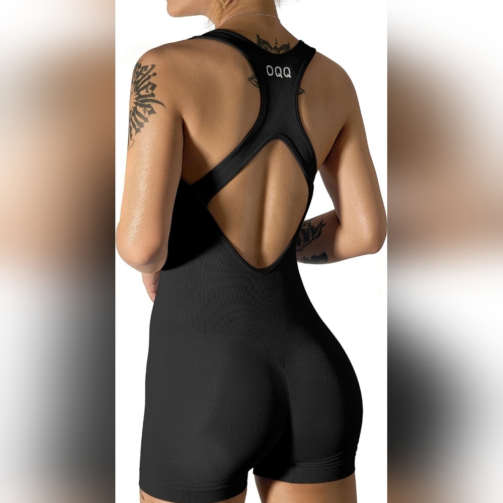 Black Open Back Workout Romper